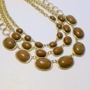 Chunky Gold Tone Graduated Brown Cabochon Multi Chain Necklace *